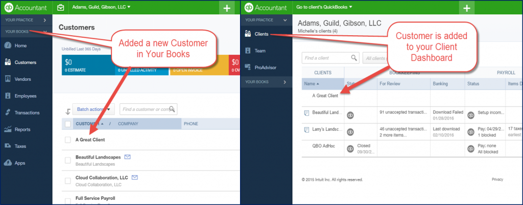 QBOA Your Books syncs customers with Client Dashboard